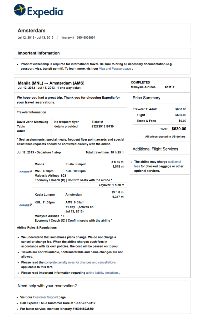 flight itinerary for visa