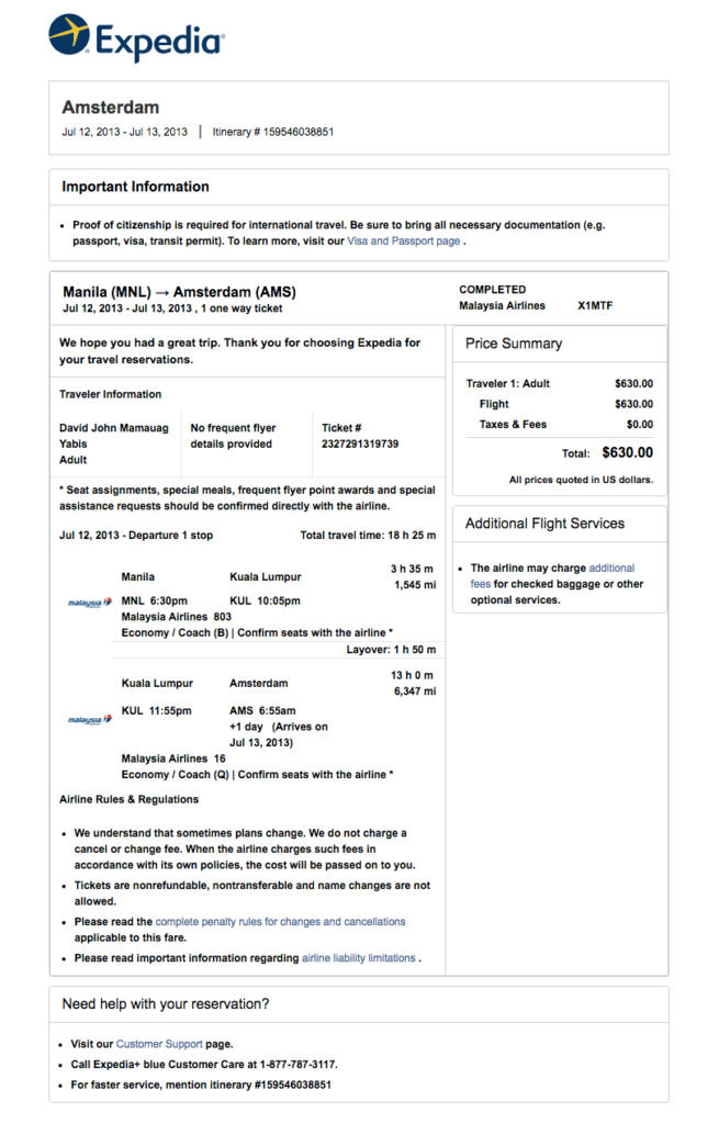 sample flight itinerary for visa application