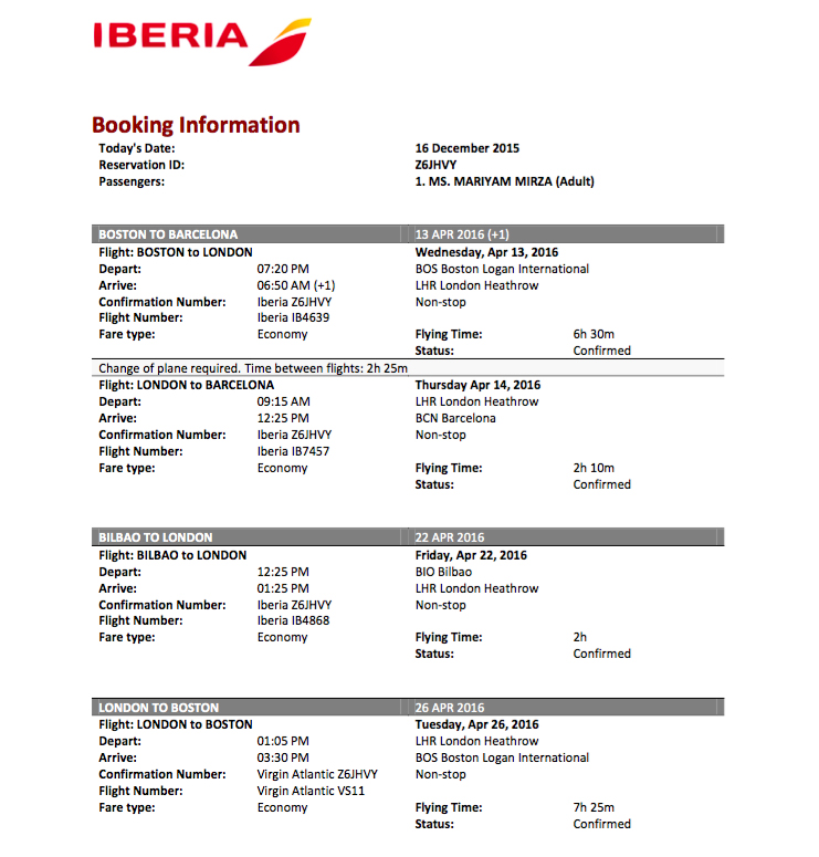 sample flight itinerary for visa application